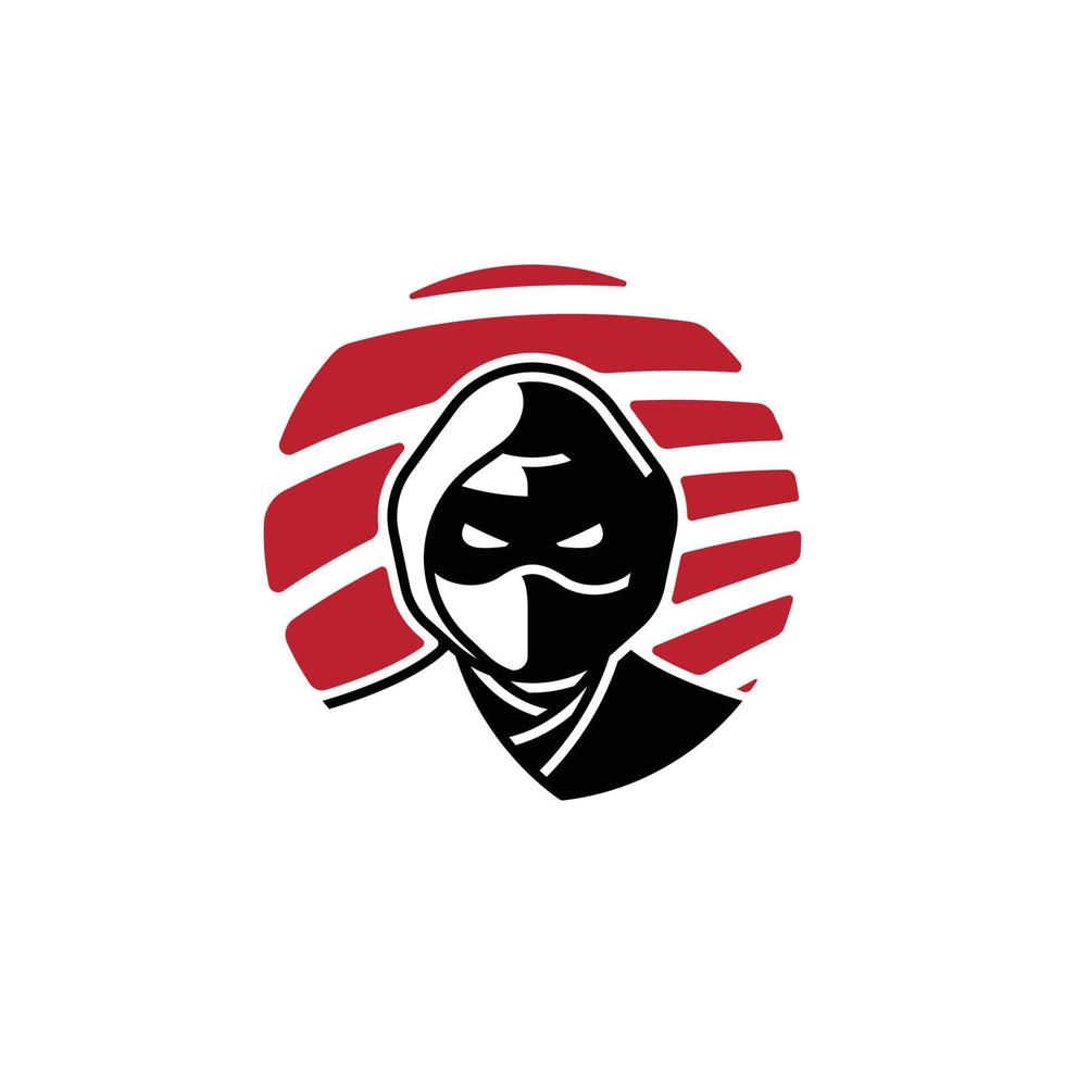 ninja y sushi aislados en un diseño de logotipo circular coloreado en rojo y negro para el restaurante tradicional japonés vector