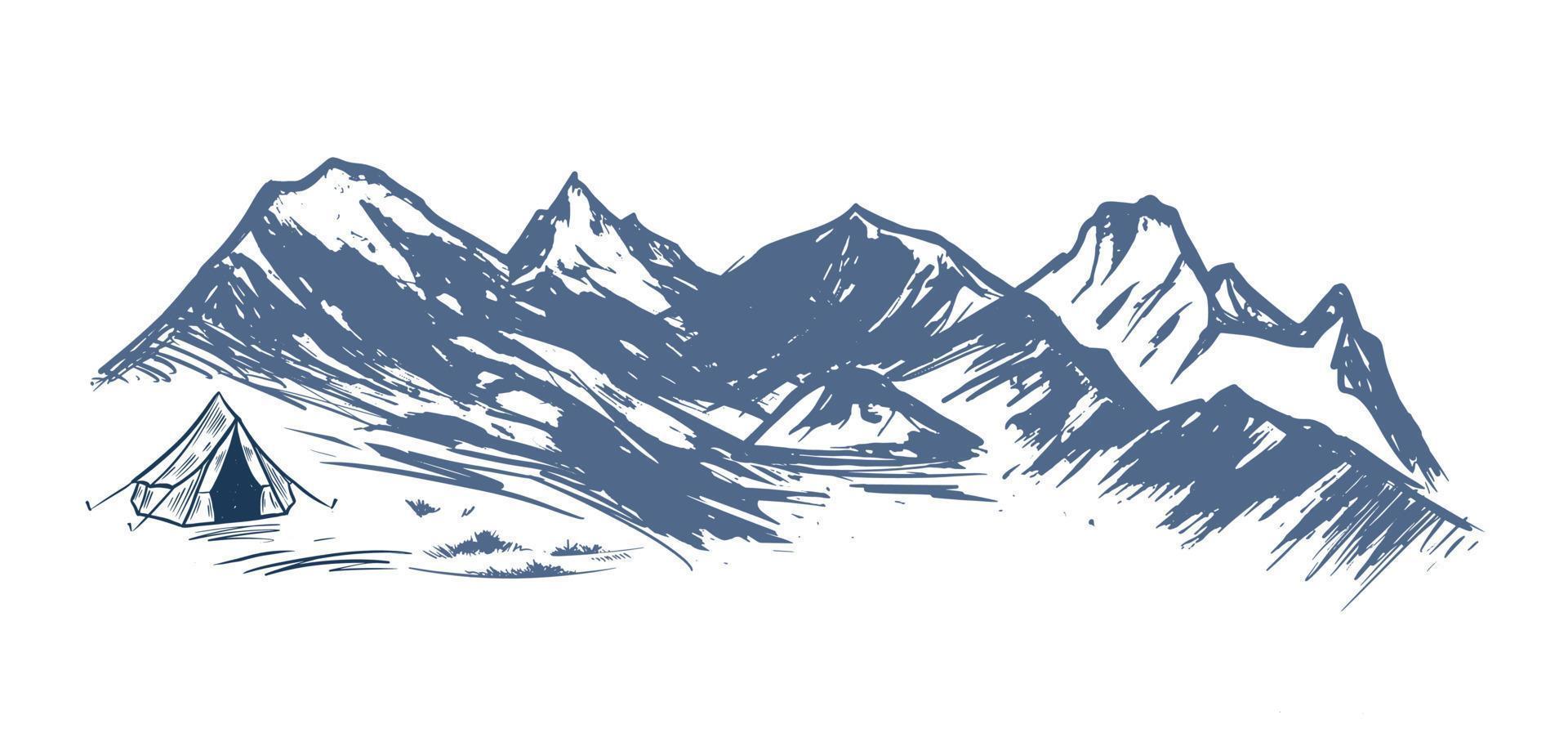 paisaje montañoso, acampar en la naturaleza, estilo boceto, ilustraciones vectoriales. vector