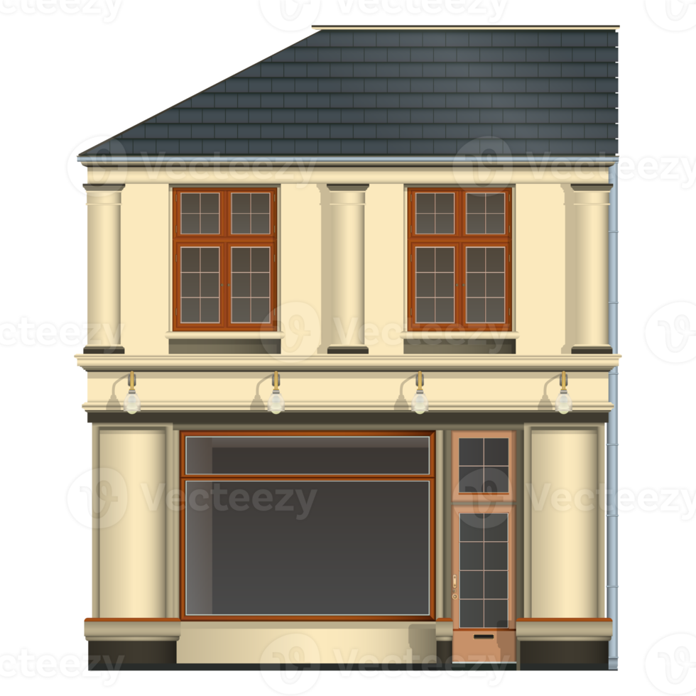 French old Building Facade in realistic style. Two-story front view with large windows. European architecture. Colorful PNG illustration.