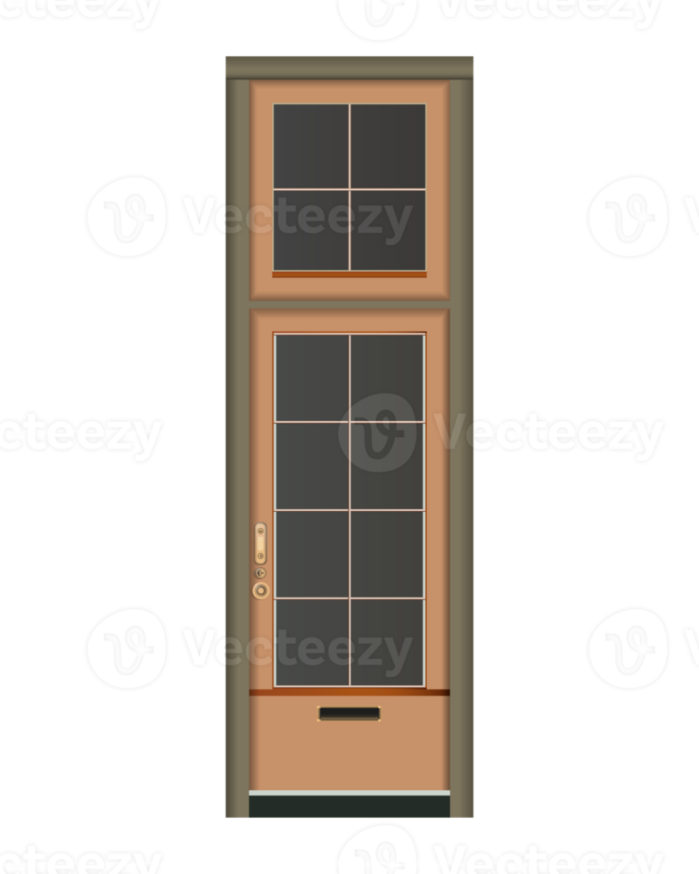 Shop-Front brown door in realistic style. Facade with wooden classic door. Golden elements. Colorful PNG illustration.