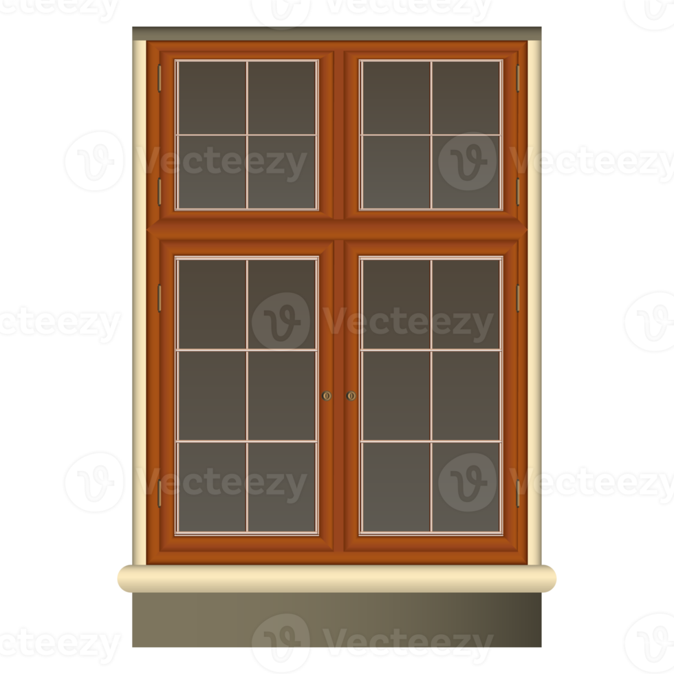 Vintage brown Window in realistic style. Wood Frame and Jalousie. Colorful PNG illustration.
