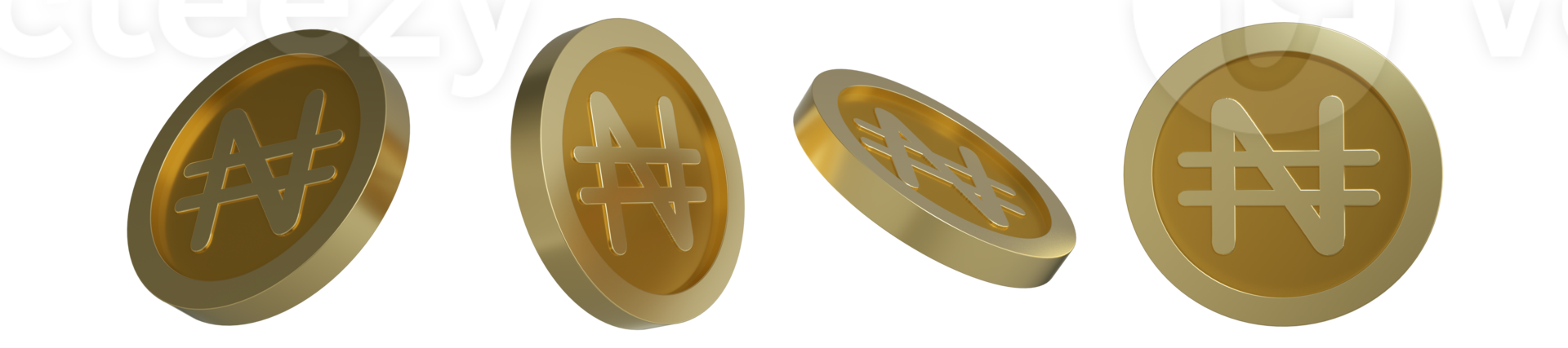 3D rendering of abstract golden Nigerian naira coin concept in different angles. Naira sign design isolated on transparent background png