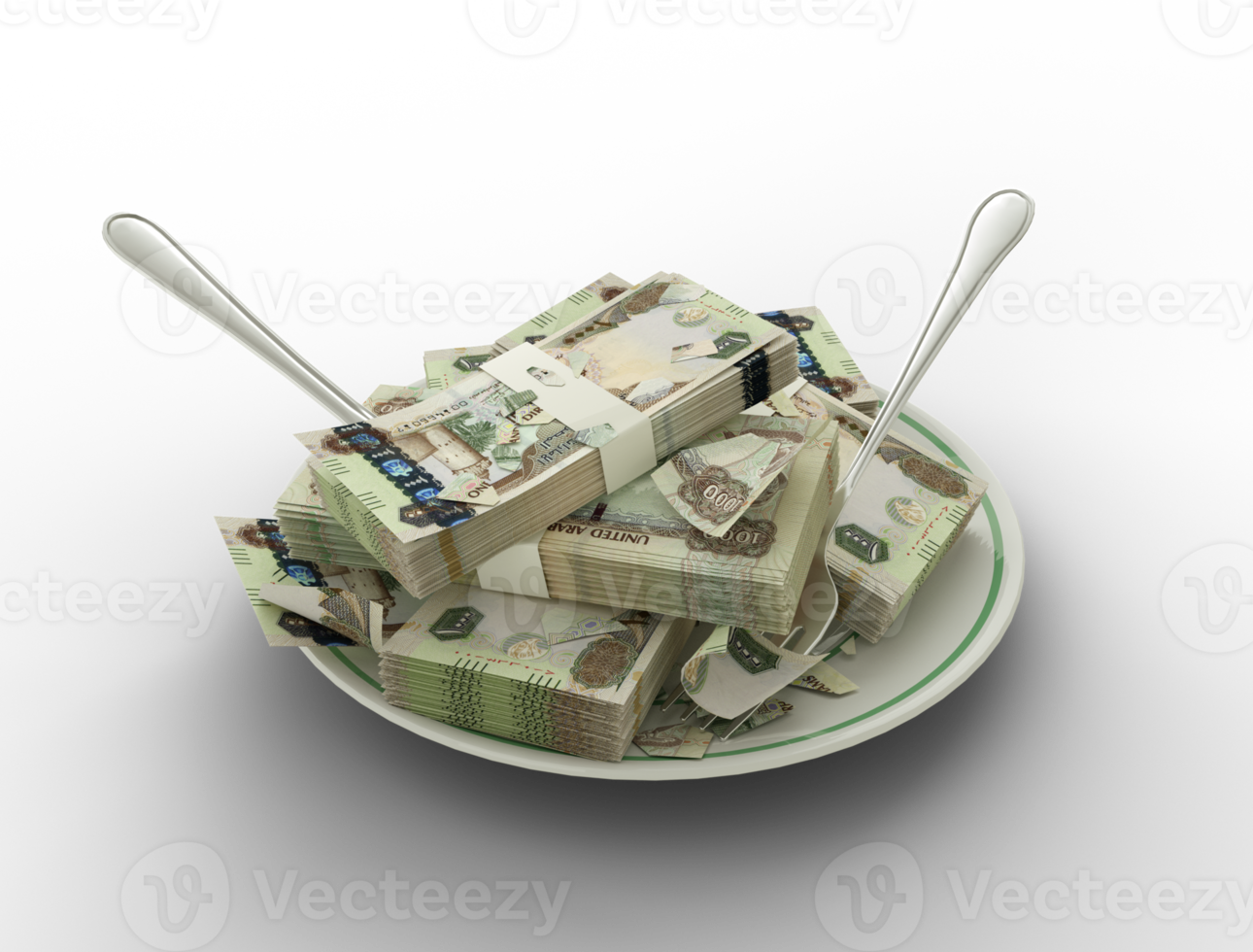 Representación 3d de las notas del dirham de los emiratos árabes unidos en el plato. dinero gastado en concepto de comida. gastos de comida, comida cara, concepto de gasto de dinero. comer dinero, mal uso del dinero png