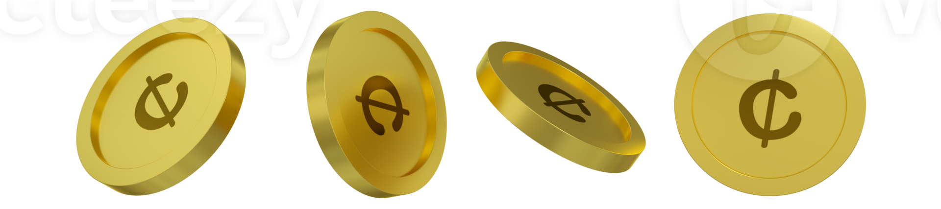 3D rendering of Ghanaian cedi coin concept in different angles. Cedi sign design isolated on transparent background png