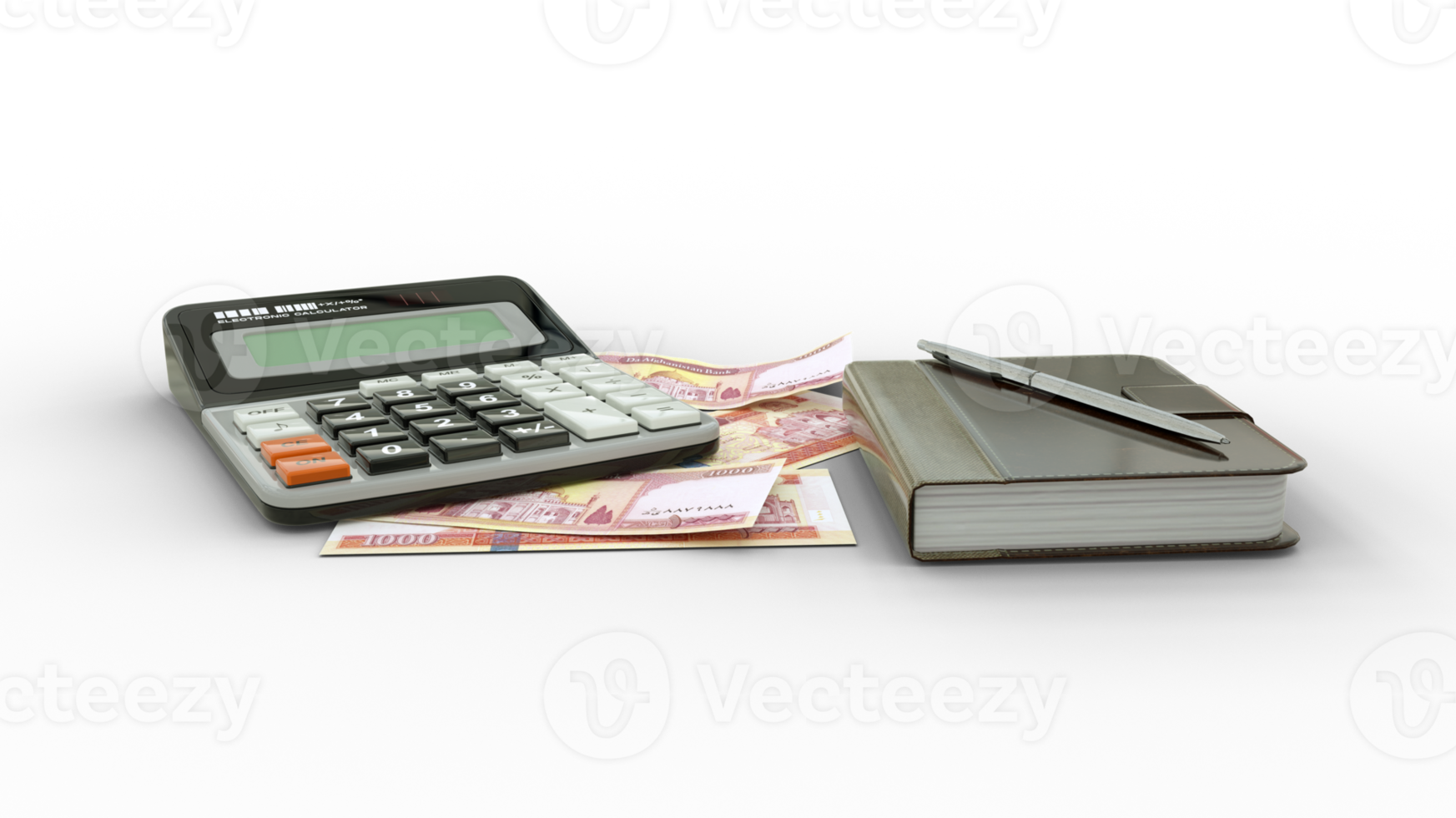 3D rendering of an isolated composition of 1000 Afghan afghani notes, a calculator, a note book and a pen png