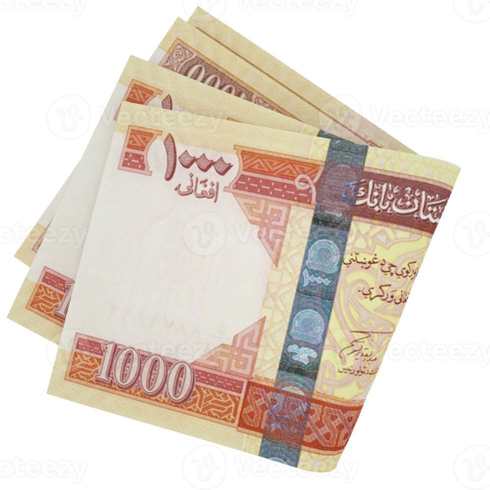 3d rendering of Folded Afghan Afghanis notes isolated on transparent background. png