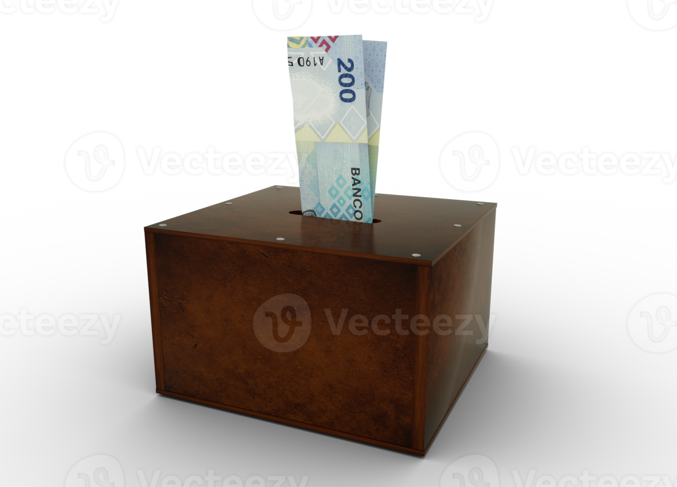 Angolan Kwanza notes inside an open wooden savings box. Generic Bank, Penny Bank, Money Box. 3d rendering png