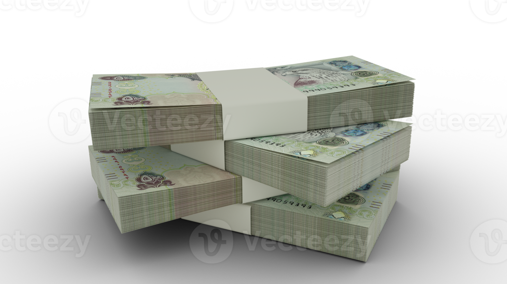 3d rendering of Stack of 1000 United Arab Emirates dirham notes. Few bundles of United Arab Emirates currency isolated on transparent background. Emirati png