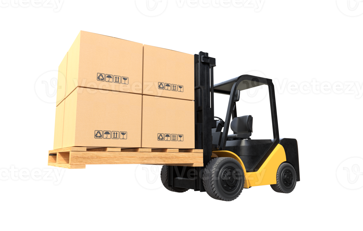 The forklift truck is lifting a pallet with cardboard boxes png