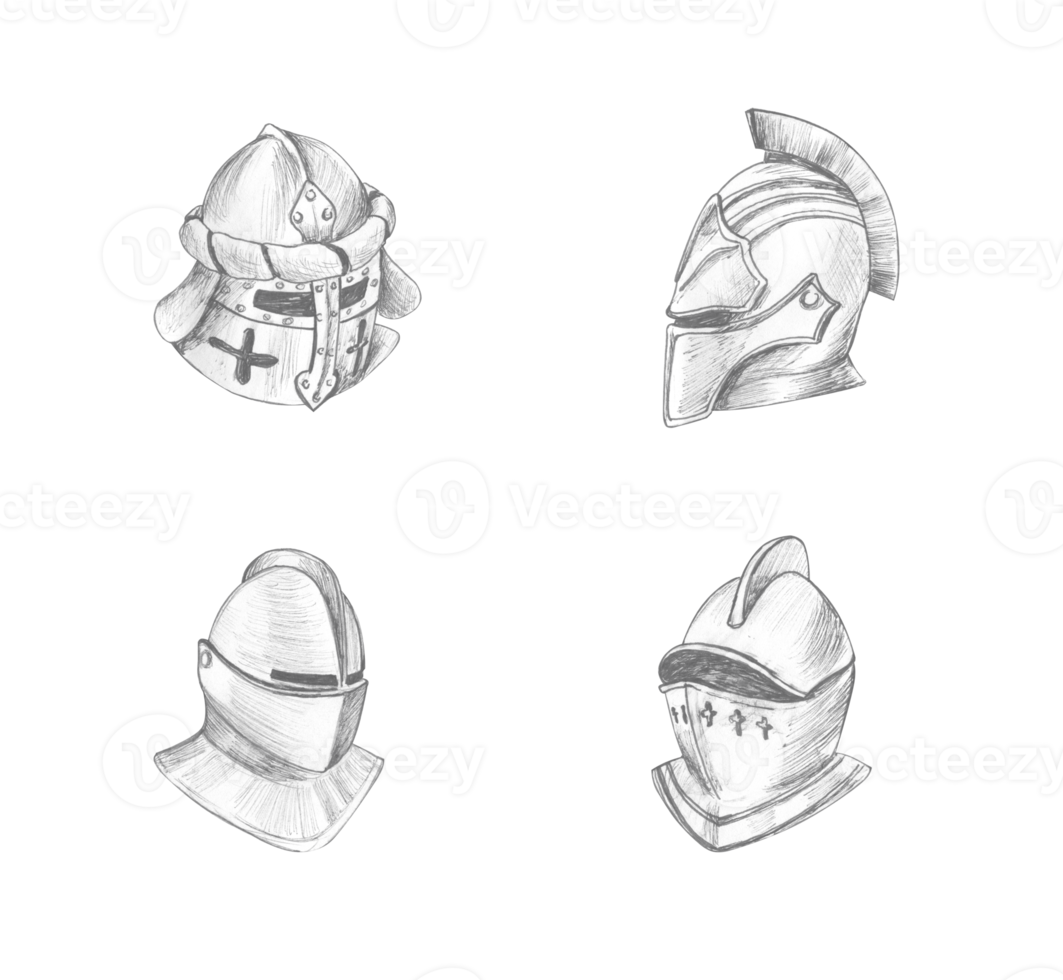 Set of knight's helmets hand drawn in pencil png