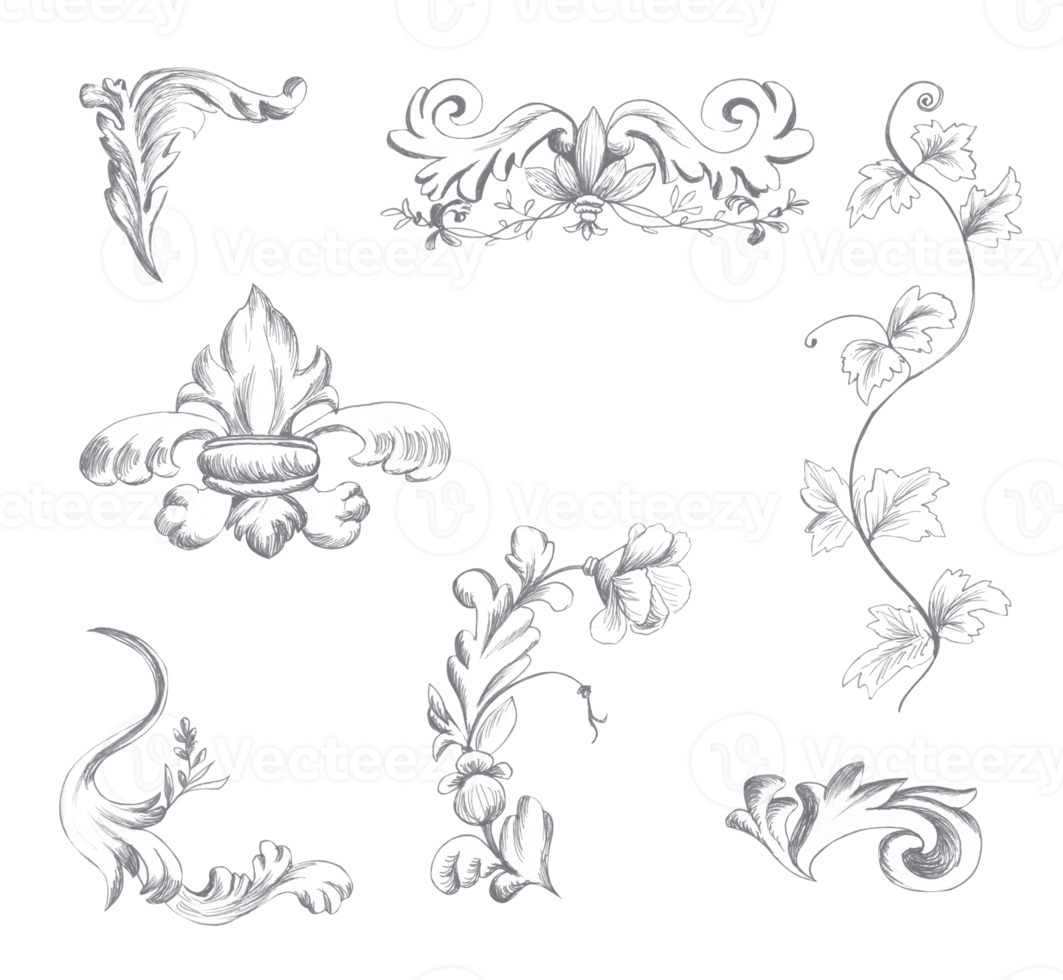 Set of vintage baroque elements drawn in pencil png