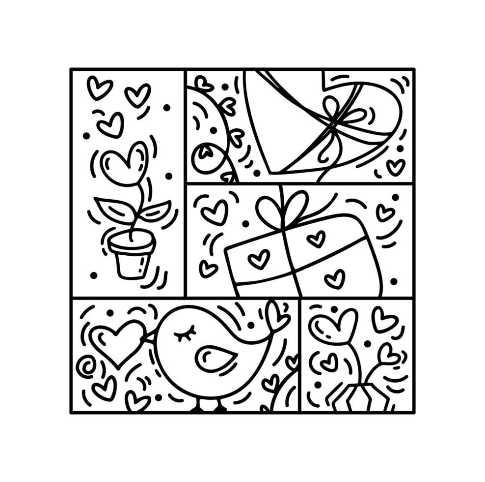 Vector Valentines logo composición corazón, caja de regalo, pájaro, flor, amor texto escrito a mano. constructor monoline dibujado a mano en marco cuadrado para tarjeta de felicitación