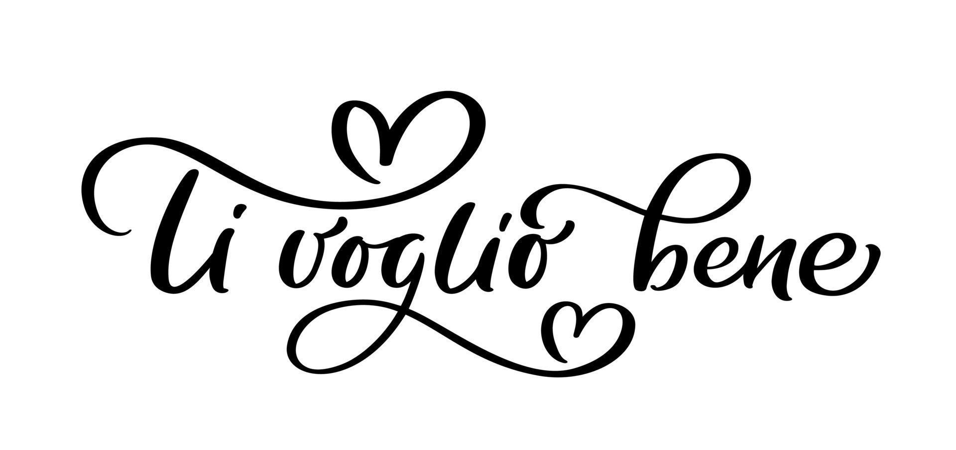 I love you on Italian Ti Voglio Bene. Black vector calligraphy lettering text with heart