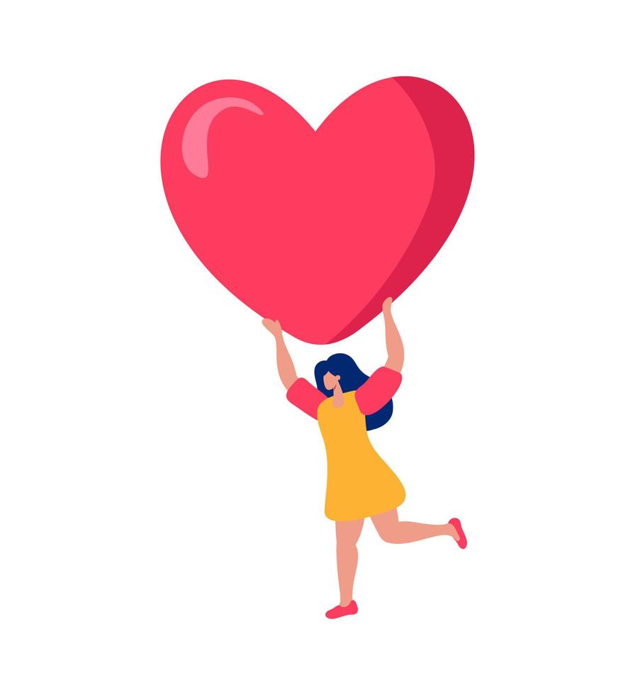 Tiny Woman running with big heart flat vector illustration. Concept of romance people valentine day sharing love, charity. Assistance, help, support concept