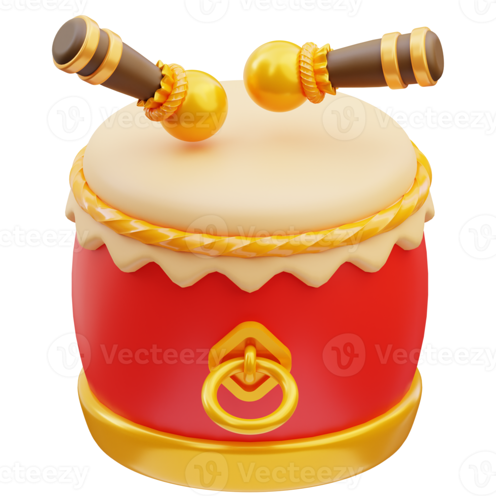 Illustration de rendu 3d de l'icône de l'instrument de percussion à tambour traditionnel chinois, nouvel an chinois png