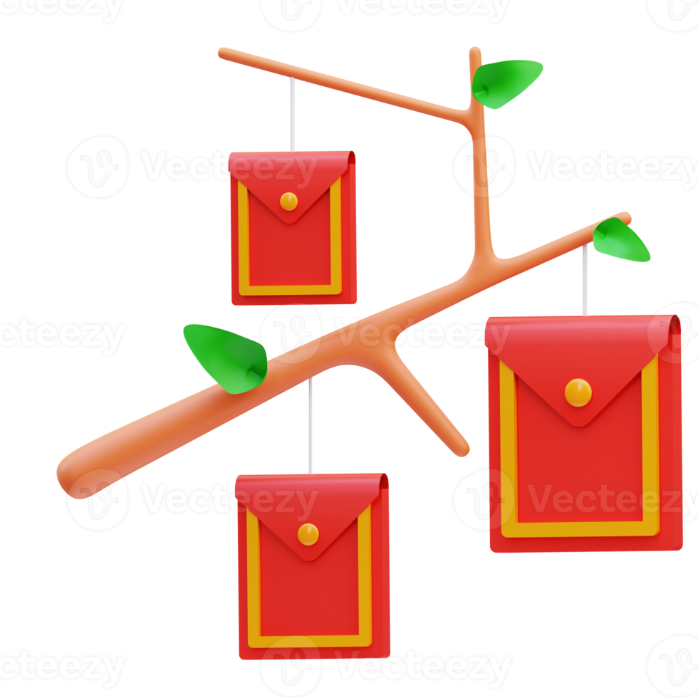 3d render illustration of china envelopes icon on tree branch, chinese new year png