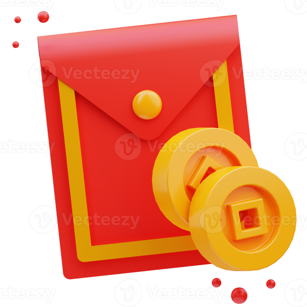 3d render illustration of cute red china envelope icon with gold coin, chinese new year png