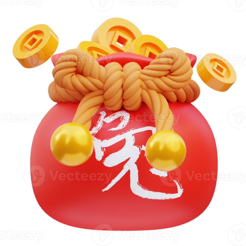 3d render illustration of china coin bag icon, chinese new year png