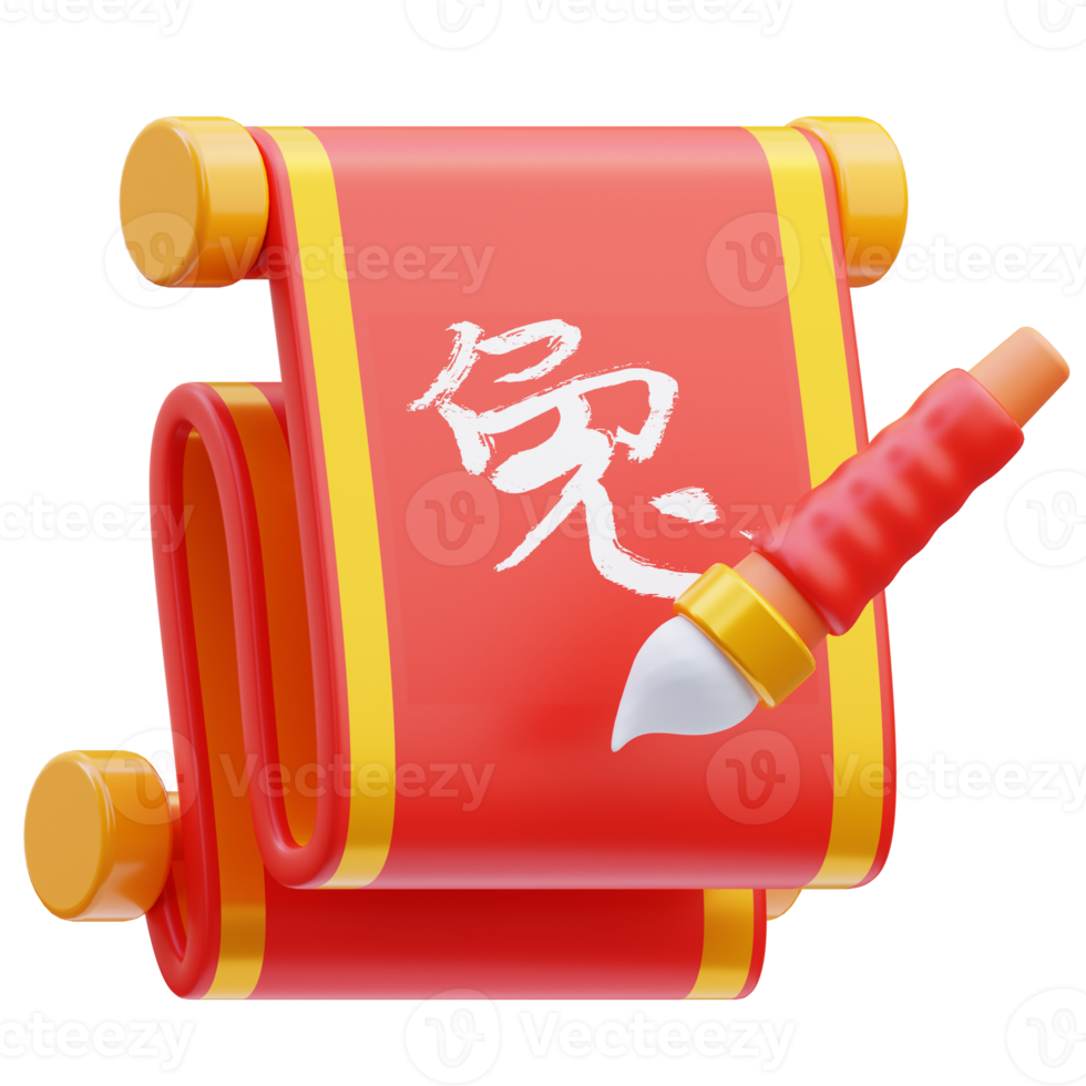 3d render illustration of chinese calligraphy roller icon with brush, year of the rabbit, chinese new year png