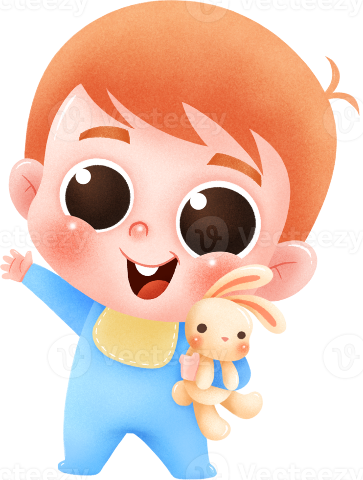 Cartoon Baby character. Cute baby with rabbit doll png