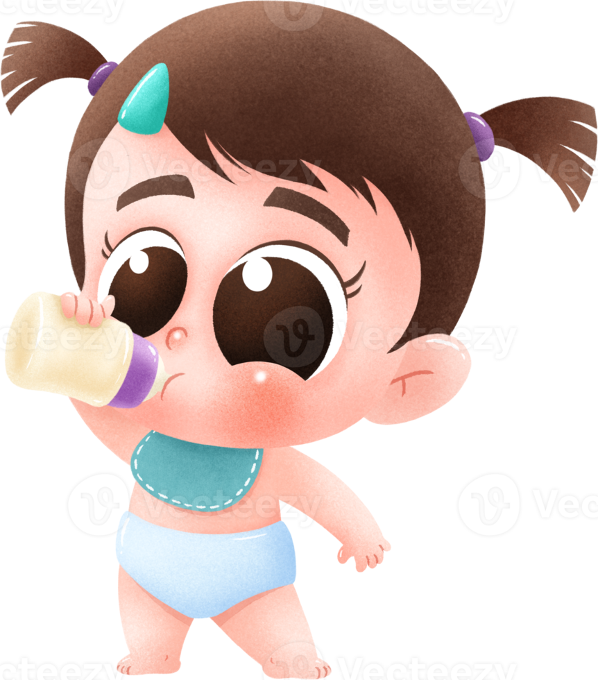 Cartoon Baby character. Cute baby holding milk bottle png