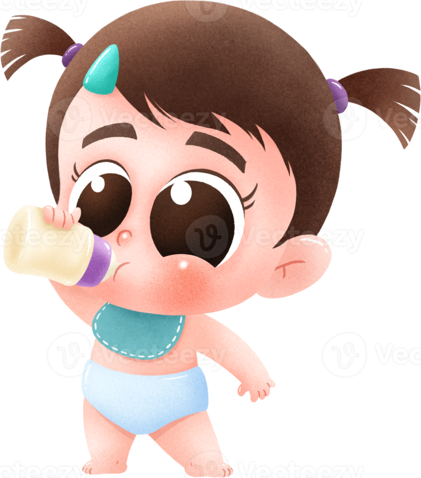 Cartoon Baby character. Cute baby holding milk bottle png