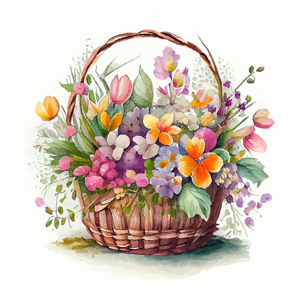 Cute watercolor basket with spring flowers vector