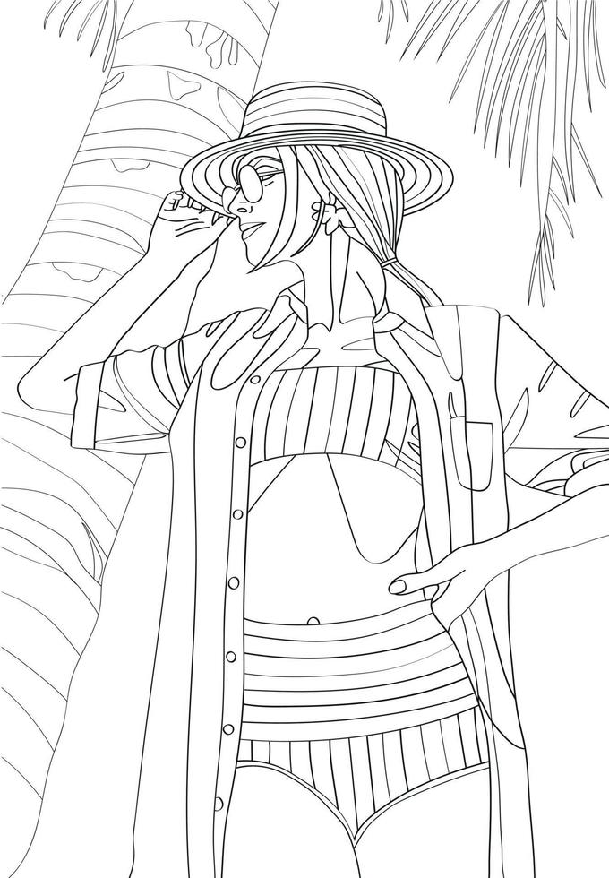 Young beautiful girl in a hat under a palm tree. Vector antistress coloring book.