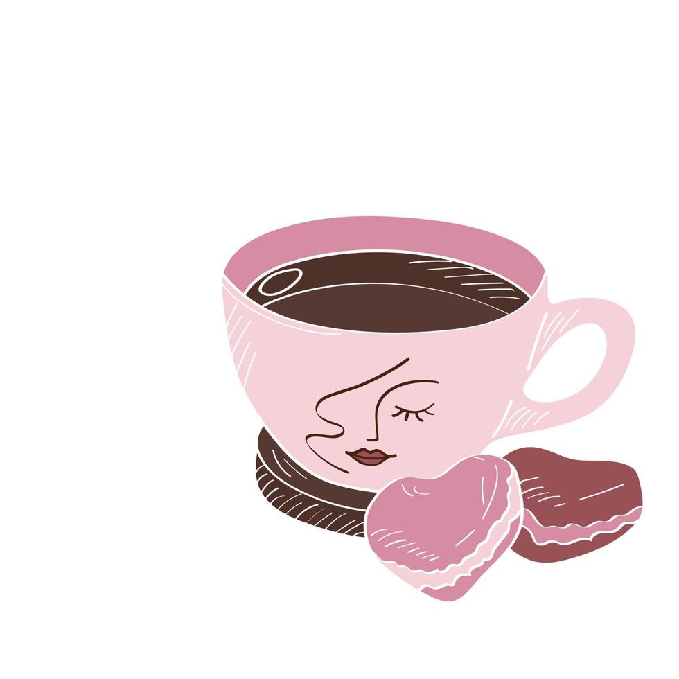A cup of tea or coffee with macarons. Vector illustration in flat style.