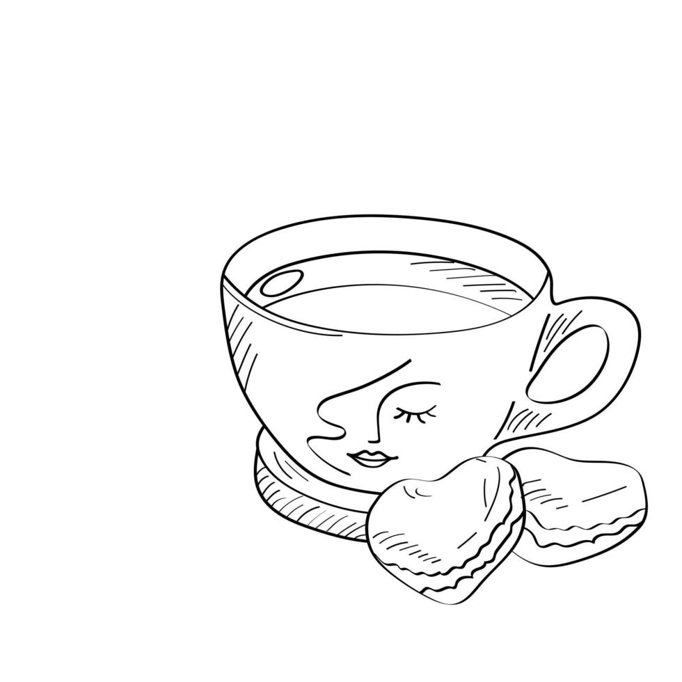 A cup of tea or coffee with macarons. Vector illustration in hand drawn style.