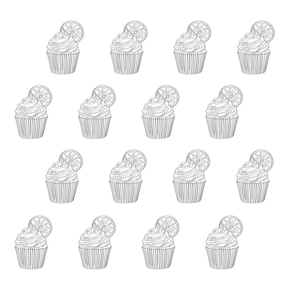 Pattern of cakes. Vector illustration in outline style.