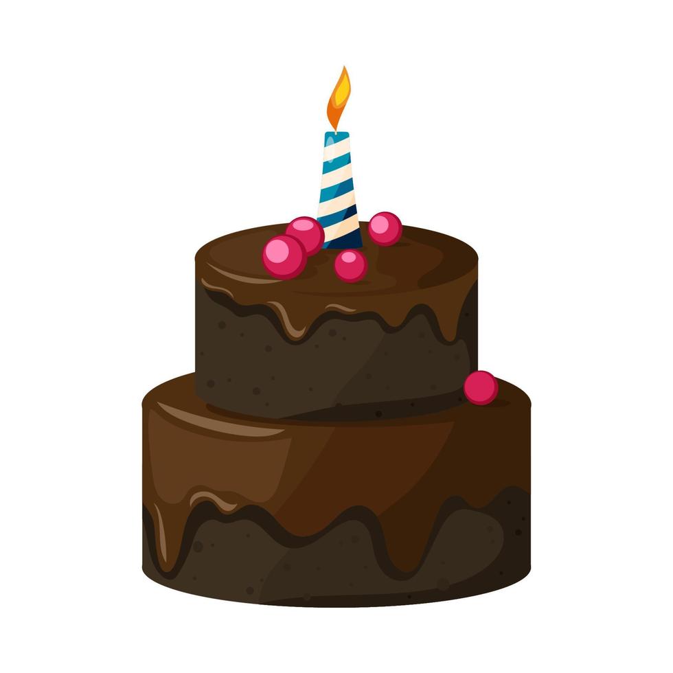 boda festiva o pastel de chocolate de aniversario con una vela y bayas. vector