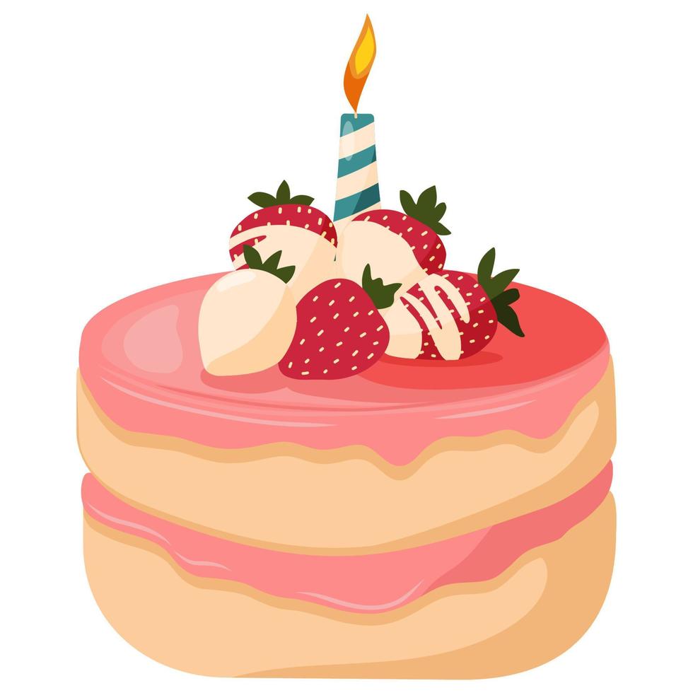 boda decorada festivamente o pastel rosa de aniversario con fresas y una vela. vector