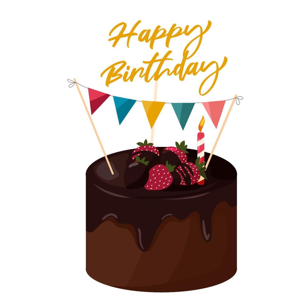 Festive decorated wedding or anniversary chocolate cake with strawberries. vector