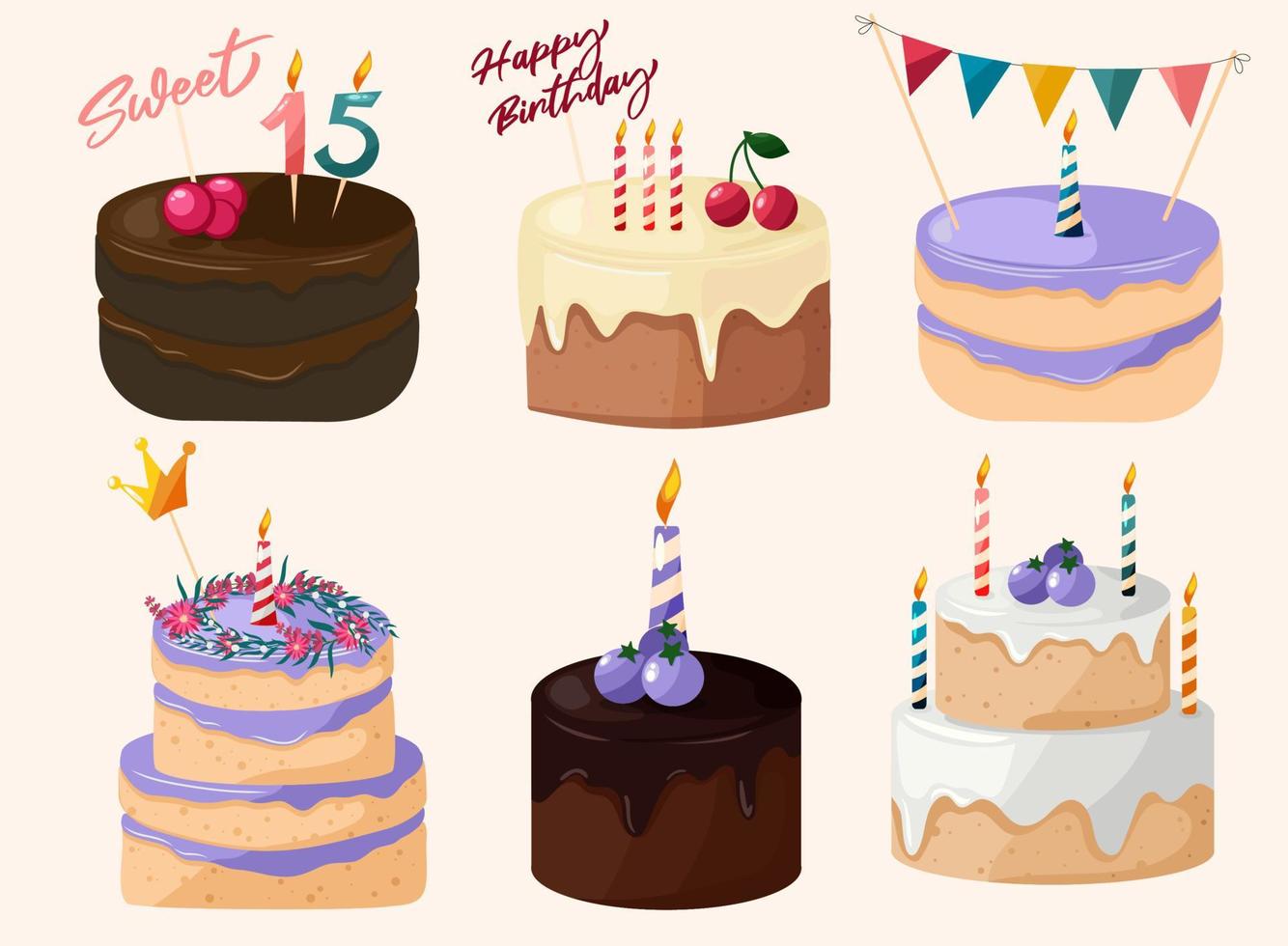 Set of festive decorated wedding or anniversary cakes. vector
