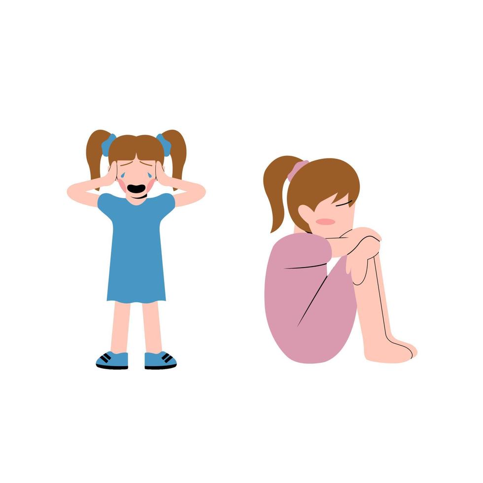 Set Of Little Girl Character Feeling Sad vector