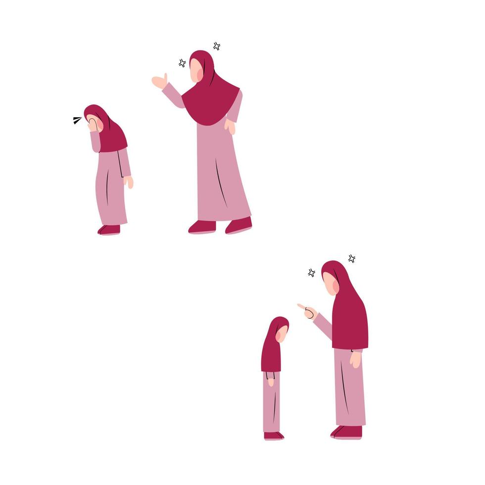 Set Of Muslim Mother Character Scolding Muslim Daughter vector