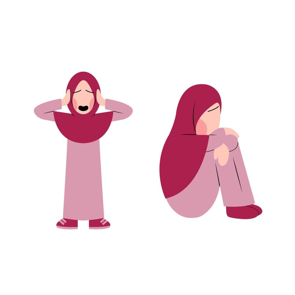 Set Of Hijab Kid Character Feeling Sad vector