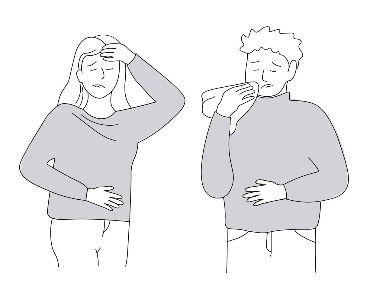 People get sick, sneeze. A woman and a man have migraines, colds, fever, runny nose. Vector art line graphics.