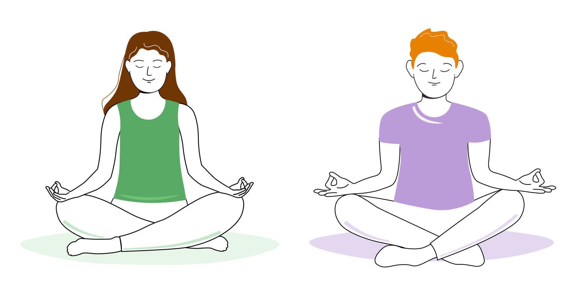 People are sitting in the lotus position. A man and a woman do yoga, meditate. Vector art line graphics.