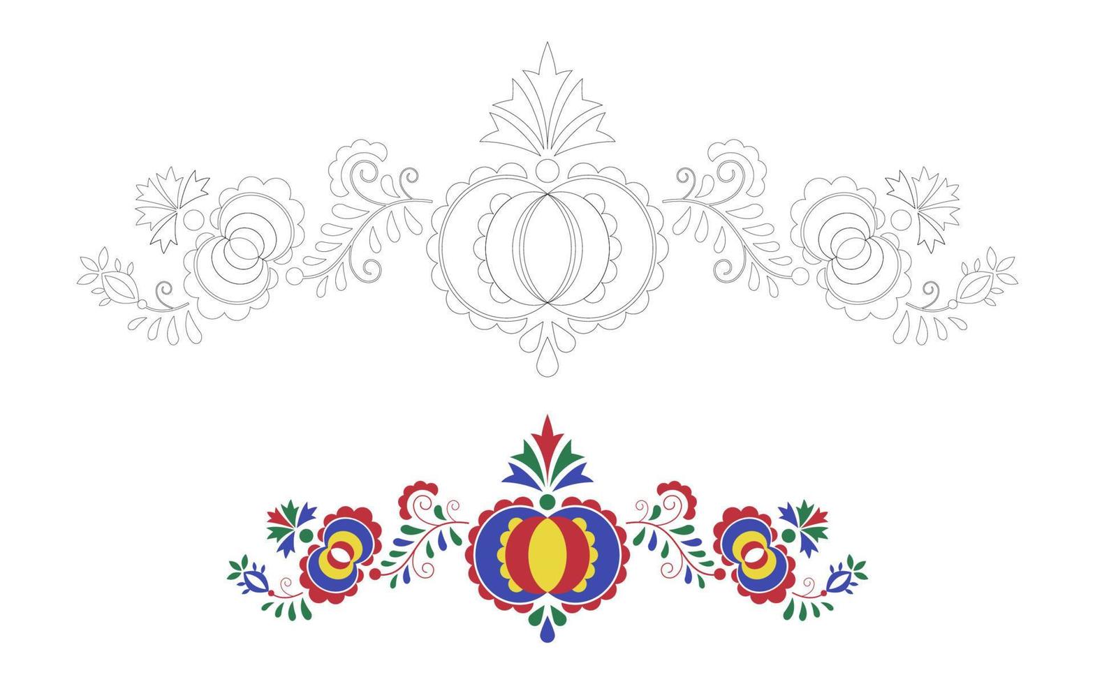 adorno popular tradicional. patrón checo de bordado floral. páginas para colorear con una plantilla de color. símbolo moravo, eslovaco y húngaro. ilustración vectorial vector