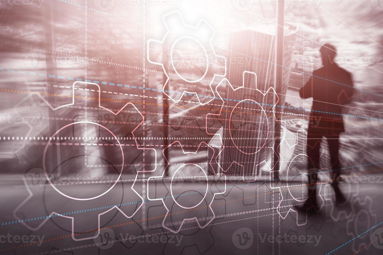 Abstract background gears concept. Silhouettes of business people on city background. Universal Technology Wallpaper photo