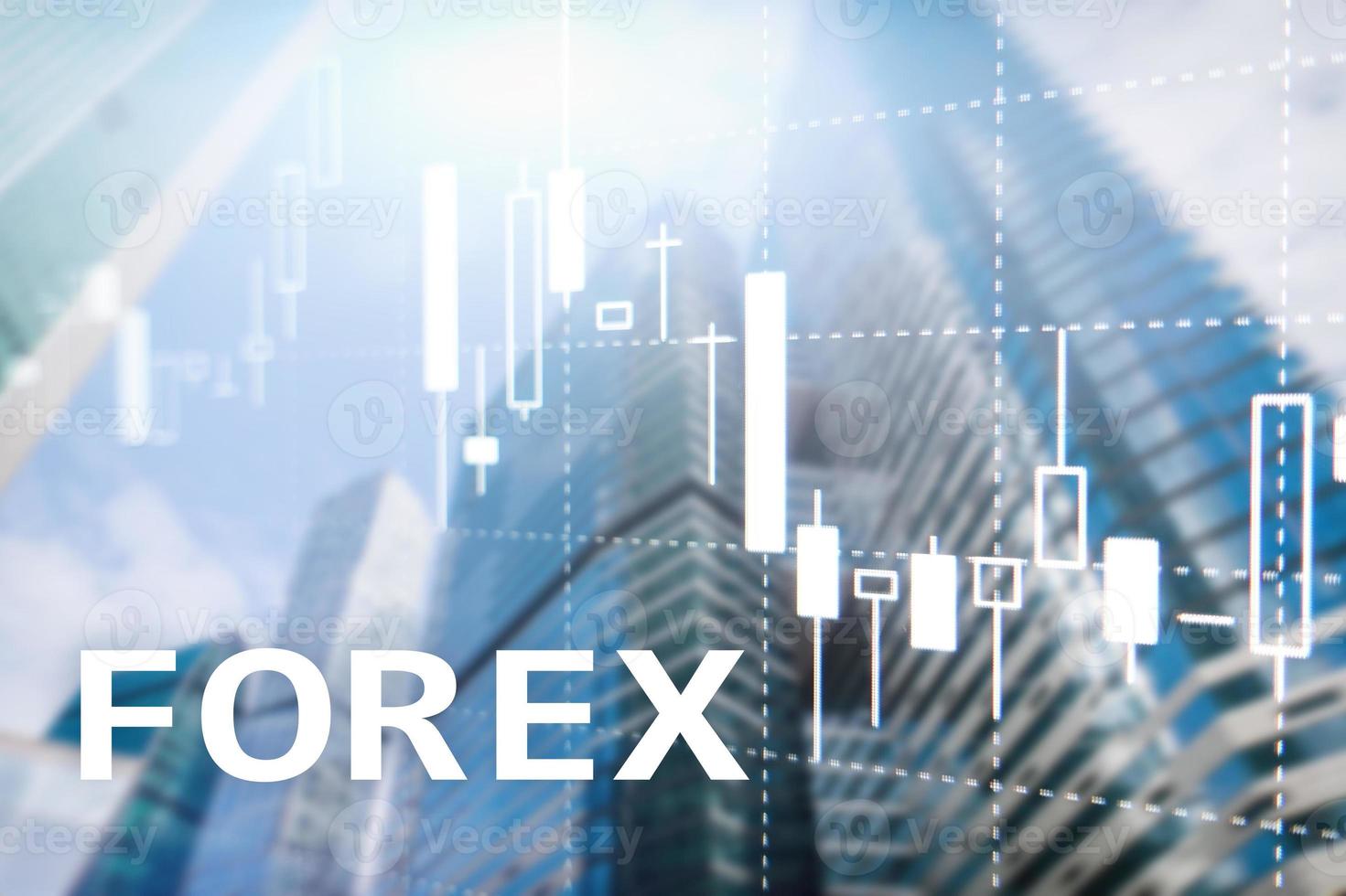 Forex trading, financial candle chart and graphs on blurred business center background. photo