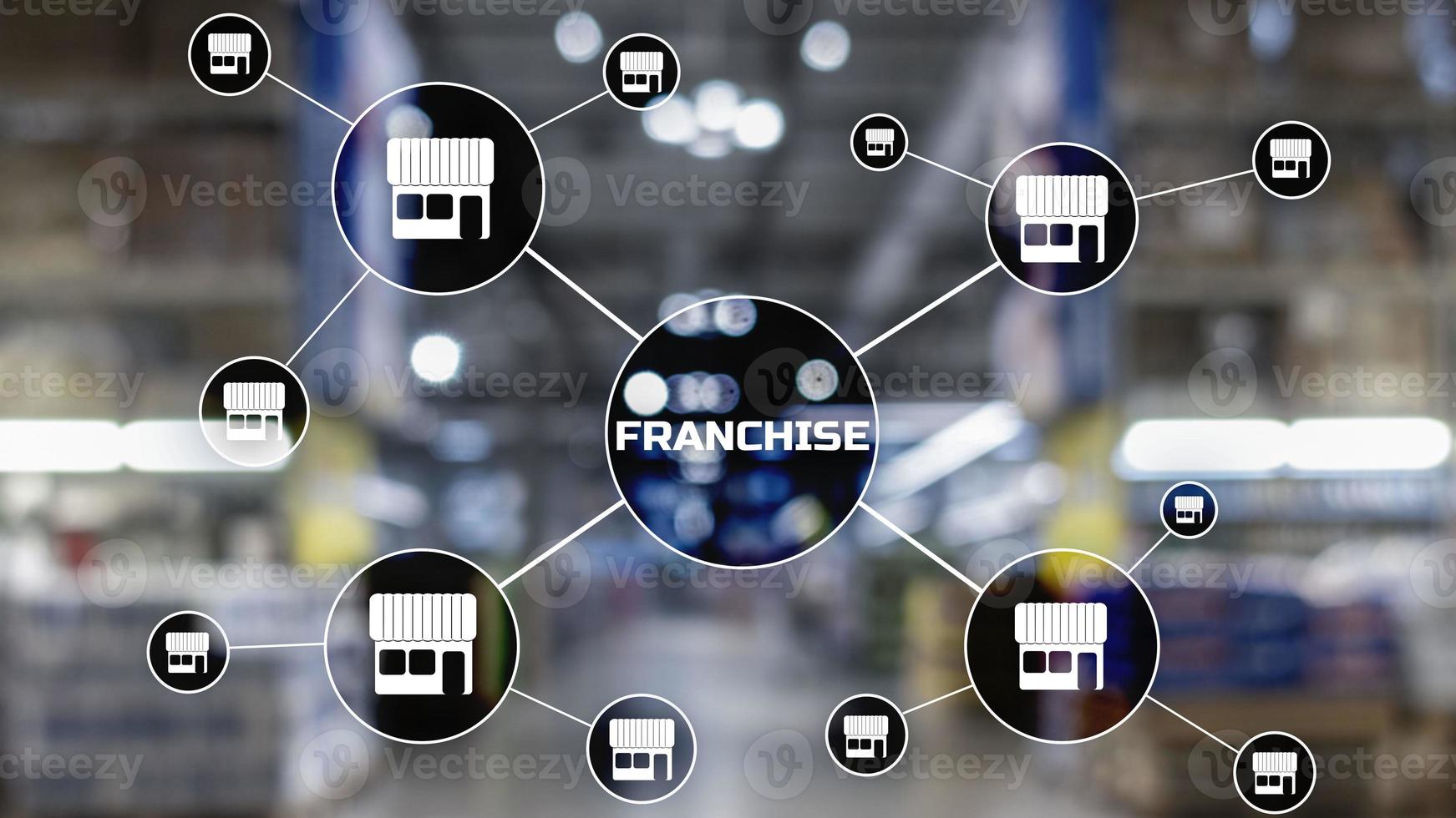 Franchise lettering on blurred warehouse background. Marketing system photo