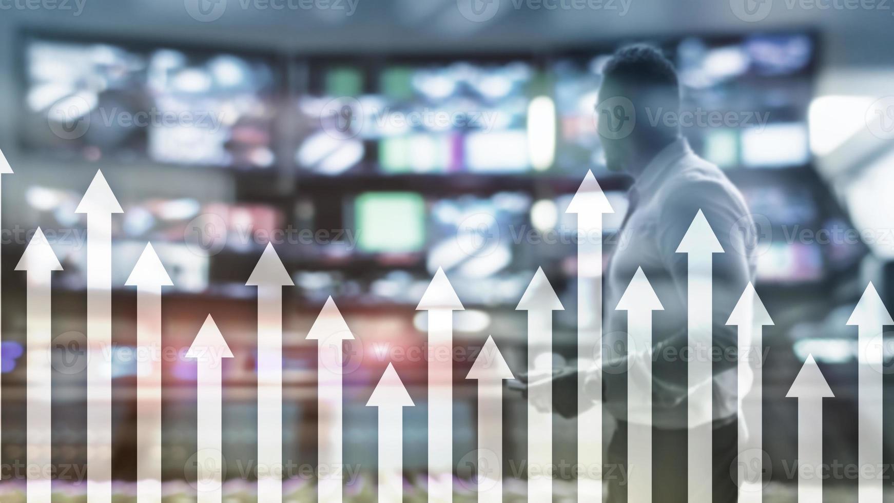 Up arrow graph on skyscraper background. Invesment and financial growth concept. photo