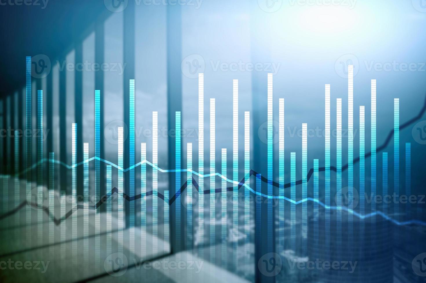 Double exposure Economics growth diagrams on blurred background. Business and investment concept. photo