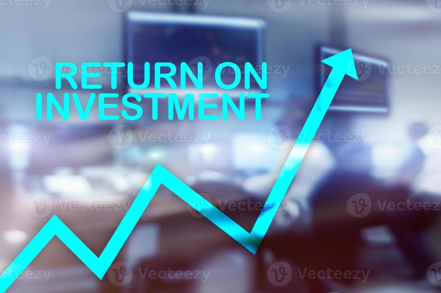 ROI - Return on investment. Stock trading and financial growth concept on blurred business center background. photo