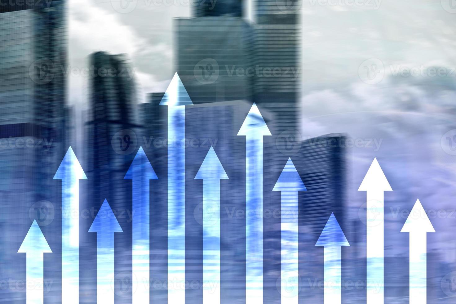 Up arrow graph on skyscraper background. Invesment and financial growth concept. photo