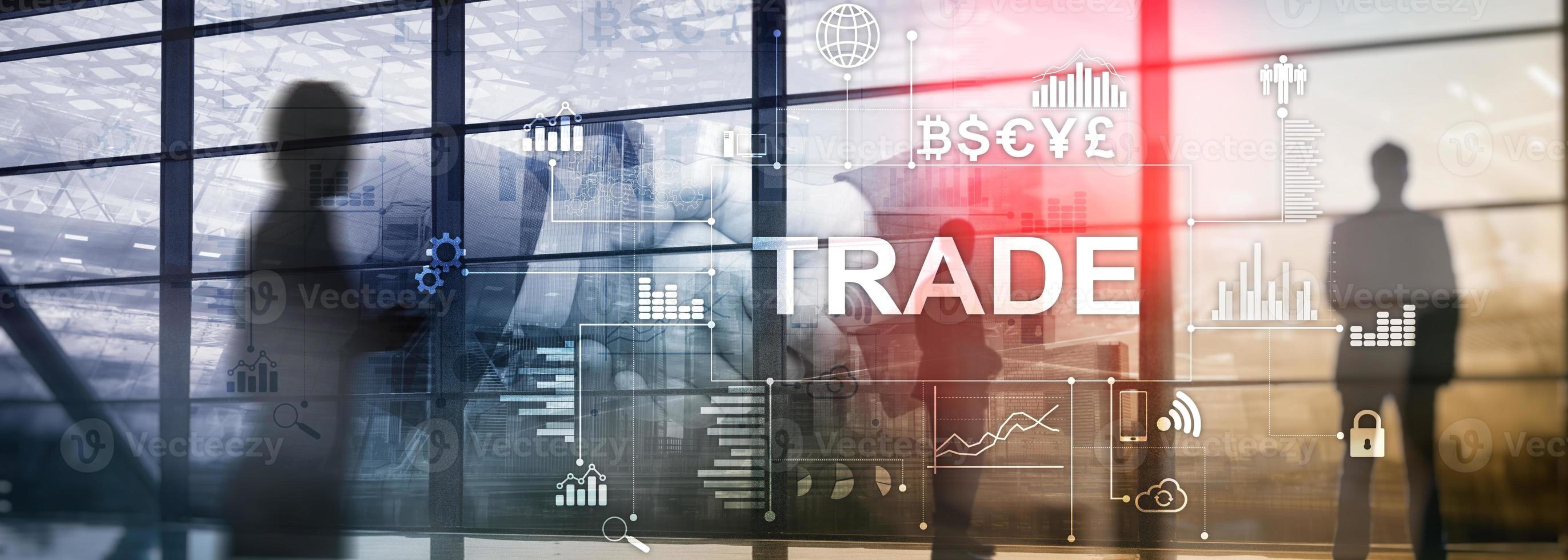 Stock trading candlestick chart and diagrams on blurred office center background. photo