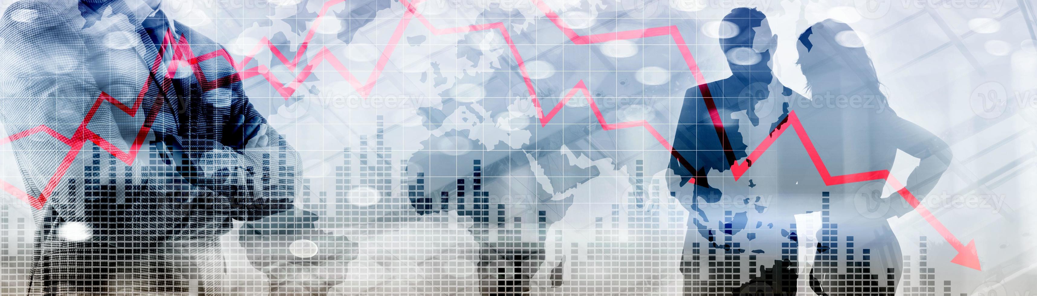 Abstract recession and crisis background on world map background. Red arrow to down photo